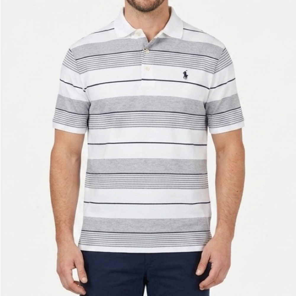 Polo Ralph Lauren Polo Shirt Men’s Large White Gray Striped Short Sleeve Classic